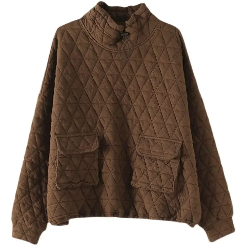 Herfst Winter Trendy Truien Vrouwen Losse Oversized Trui Jas Mode Diamant Raster Trekkoord Tops Dikker Opstaande Kraag