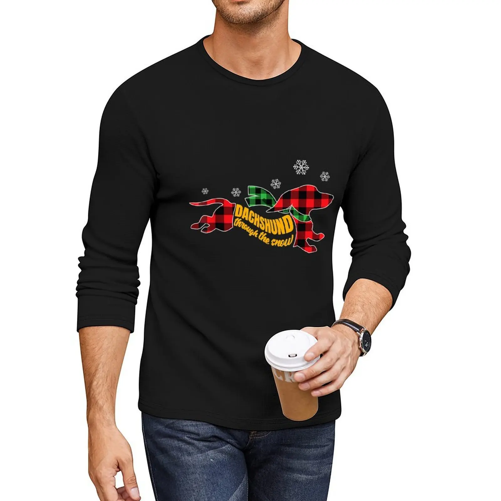 

Dachshund through the Snow Doxie Dog Plaid Christmas Gift Long T-Shirt hippie clothes sweat shirts mens cotton t shirts