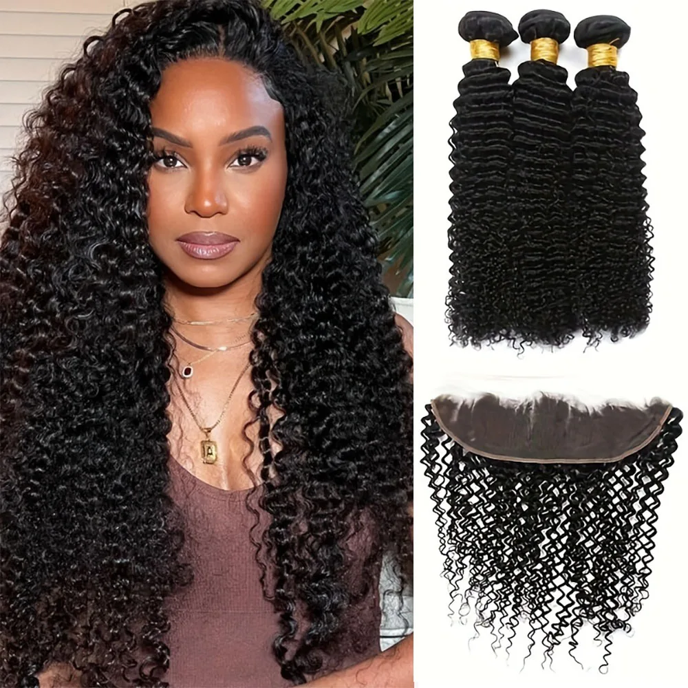 

Кудрявый вьющийся пучок человеческих волос с кружевной фронтальной частью бразильского плетения волос с прозрачной кружевной фронтальной застежкой 13x4 для женщин