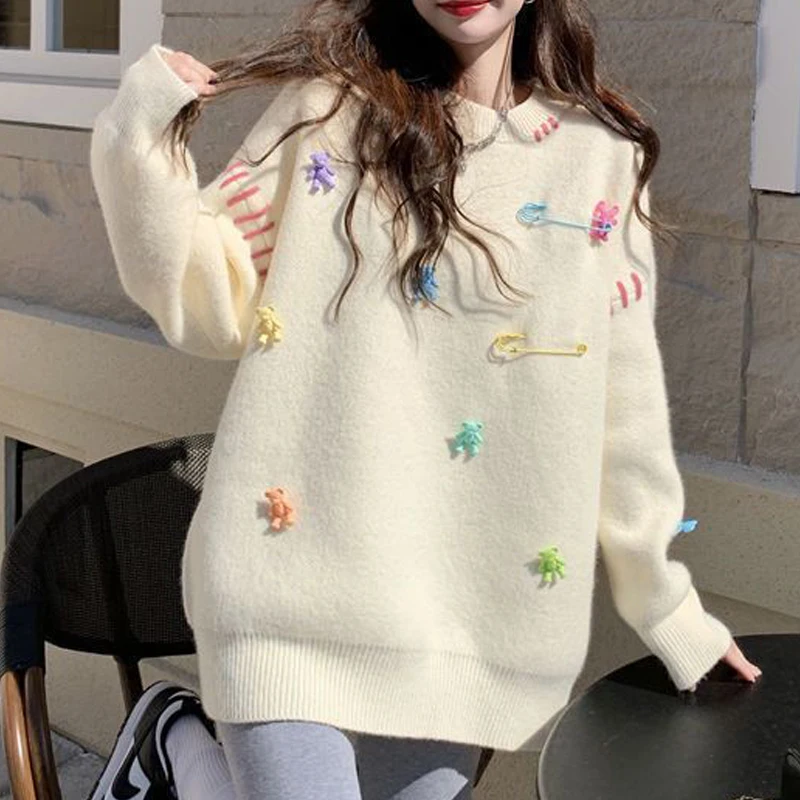 Women Tredny Casual Streetwear Oversized Kawaii Knitted Sweater Y2K Female O Neck Long Sleeve Pullover Tops Autumn Winter Jumper