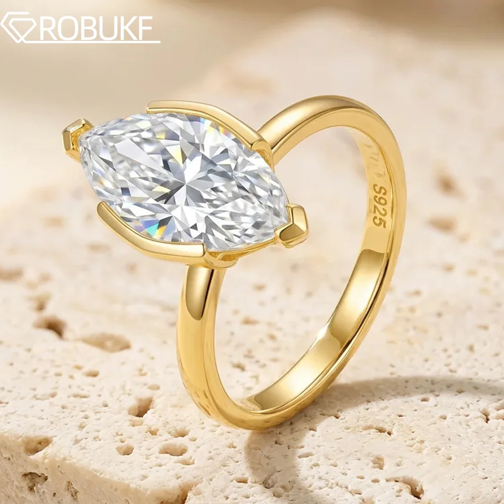 18K Gold Plated 3CT Half Bezel Marquise Cut Moissanite Engagement Ring for Women 925 Sterling Silver Bridal Wedding Band Jewelry