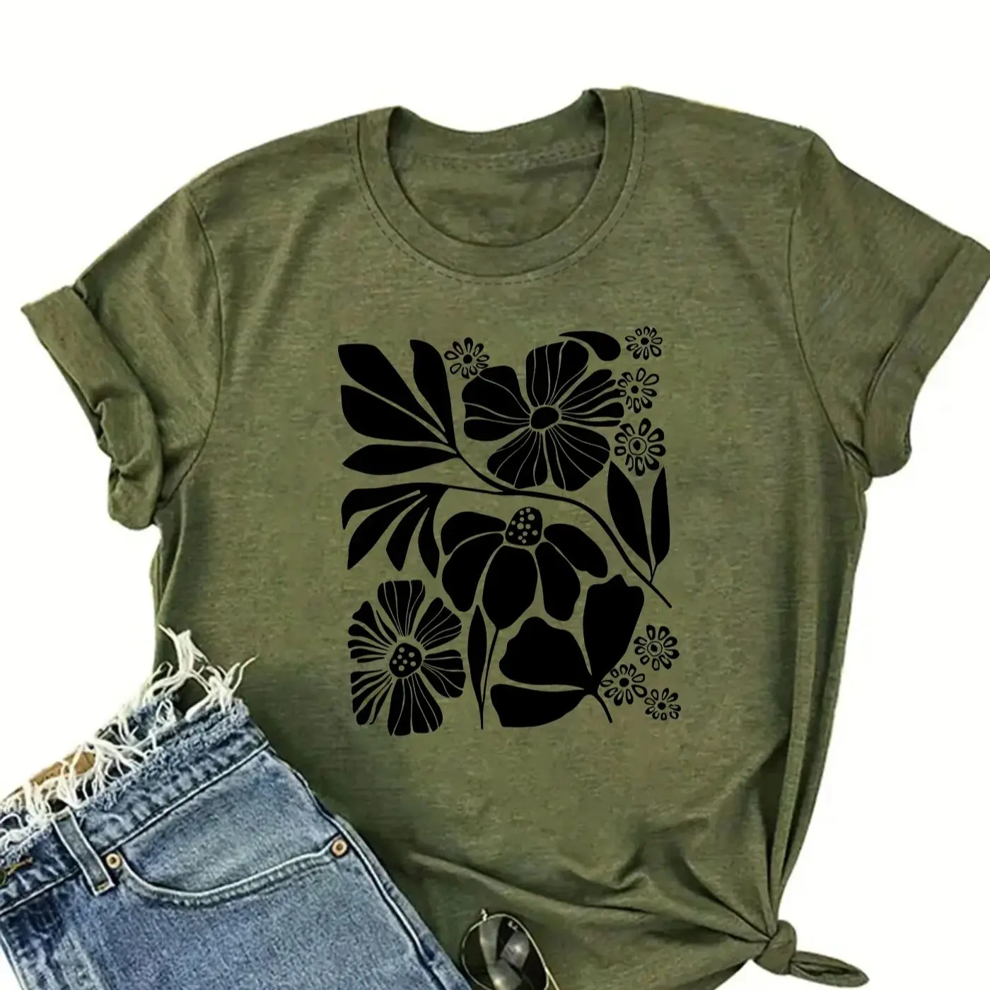 プラスサイズの女性用カジュアルエレガントなルーズフラワープリントTシャツ、半袖クルーネックカジュアルトップ、婦人服
