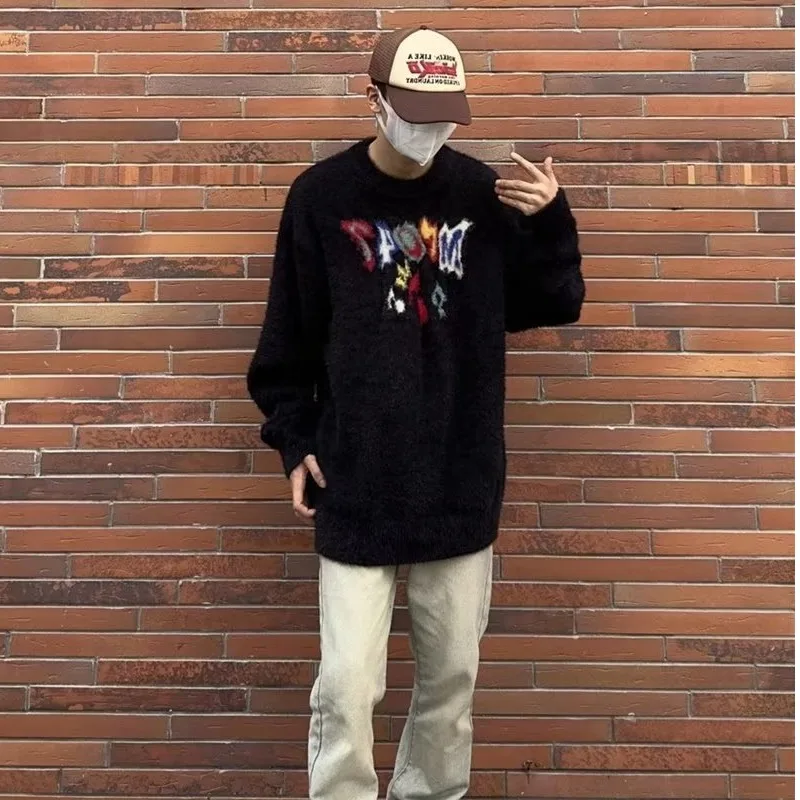 

Large Size Men's Knitted Sweater Faionable Loose Fit Winter Sle 300 Pou Fake Mink Knitwear Casual Top for Teens