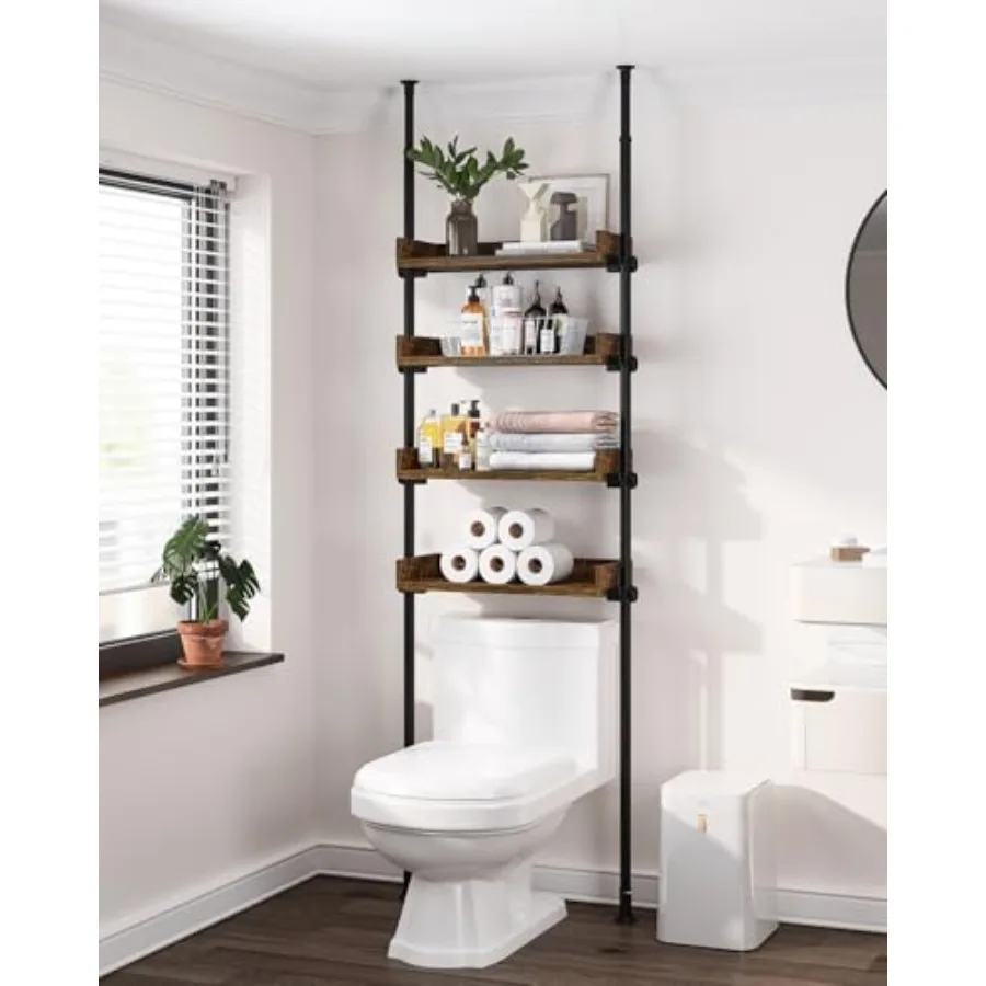 

Bathroom Organizer Over The Toilet Storage 4-Tier Adjustable Wood Shelves for Small Rooms Saver Space Rack 92 to 116 Inch Tall