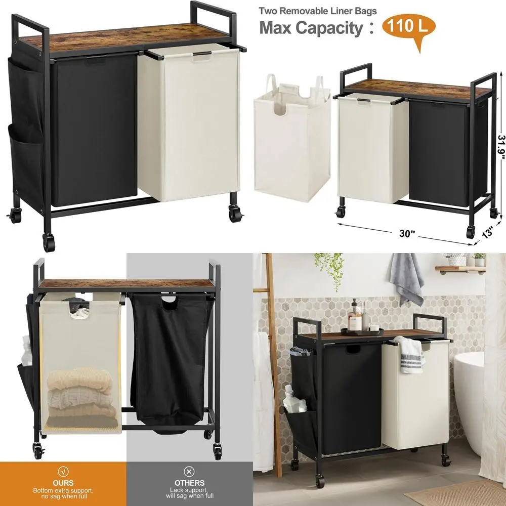 

Двойная корзина на колесиках с крышкой и колесиками, металлический сортировщик белья с верхней полкой, съемные сумки, большая корзина для хранения, черный и