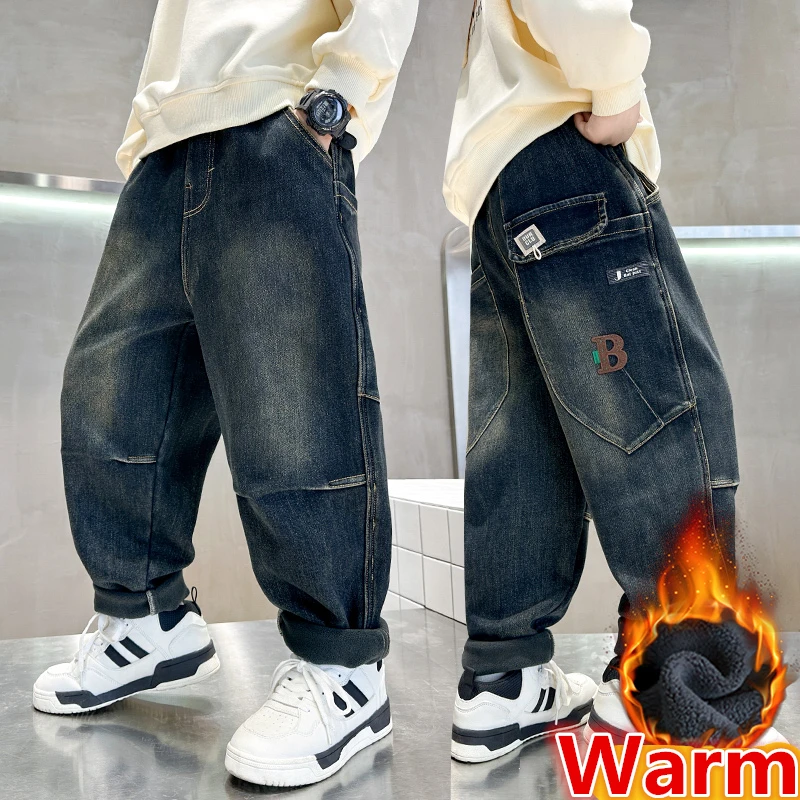 ZOETOPKID Cowboy Autumn Winter Big Boy Thermal Jeans High Street Denim Pants Kids Retro Blue Warm Baggy Insulated Jeans Trousers