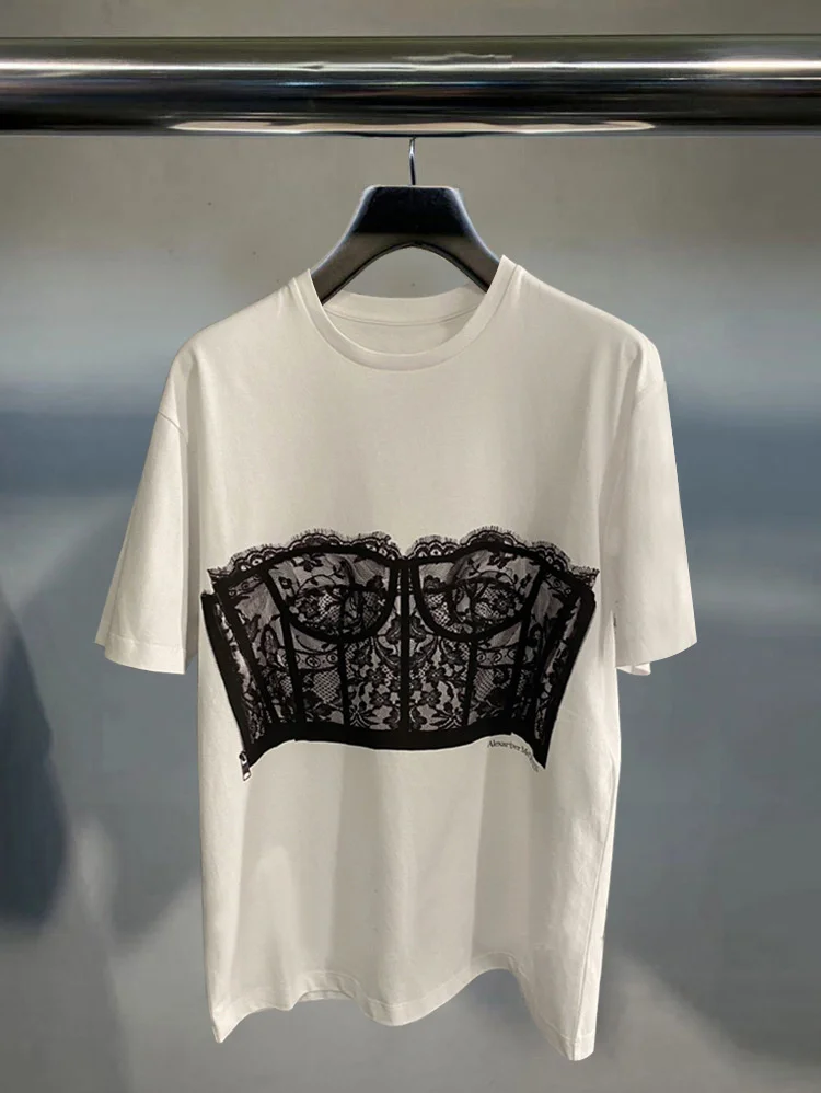 

Spring Summer New Loose round Ne Color Blo ort Sve T irt Women's Lace Splicing Top Cotton 00% Comfortable Fit