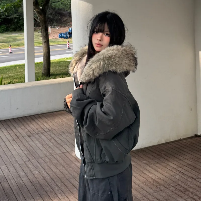 Y2k Street-cárdigan cálido Vintage para mujer, Sudadera con capucha holgada, moda de otoño e invierno, cuello de piel, sombrero, Sudadera con capucha, sudadera con cremallera de calle