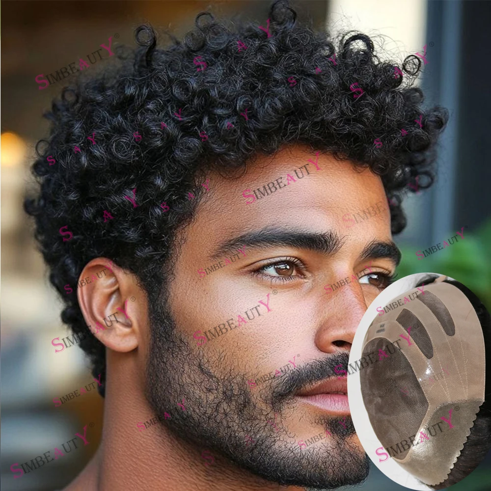 Afro Toupee for Men Human Hair 12mm Curly African American Wigs Super Durable Bond Male Hair Toupet Capillary Prosthesis System