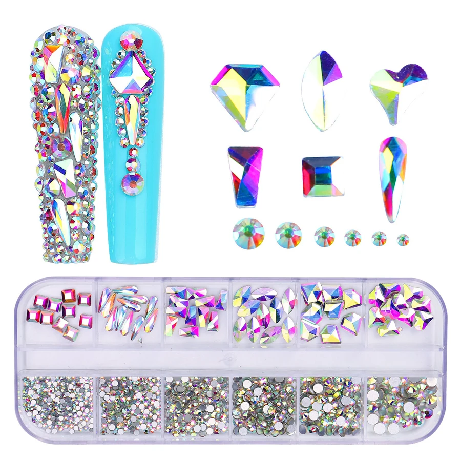 12-Fächer-Box mit mehrfarbigen Flachrücken-Strasssteinen, Kristall-Edelsteinen, 3D-Glitzer-Nagelkunst-Dekorationen, luxuriöse Nagelkunst-Zubehörteile – Detail 8