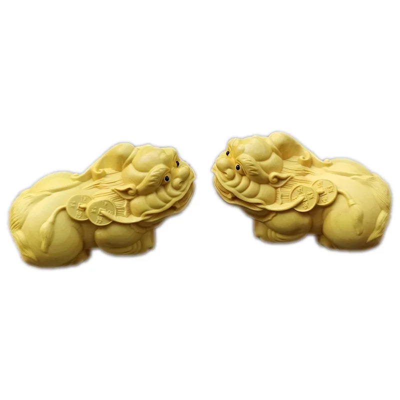 7cm A pair Solid wood lucky pi xiu  China God beast Statue  Hand-carved Lucky Ward off evil spirits Home decoration statue