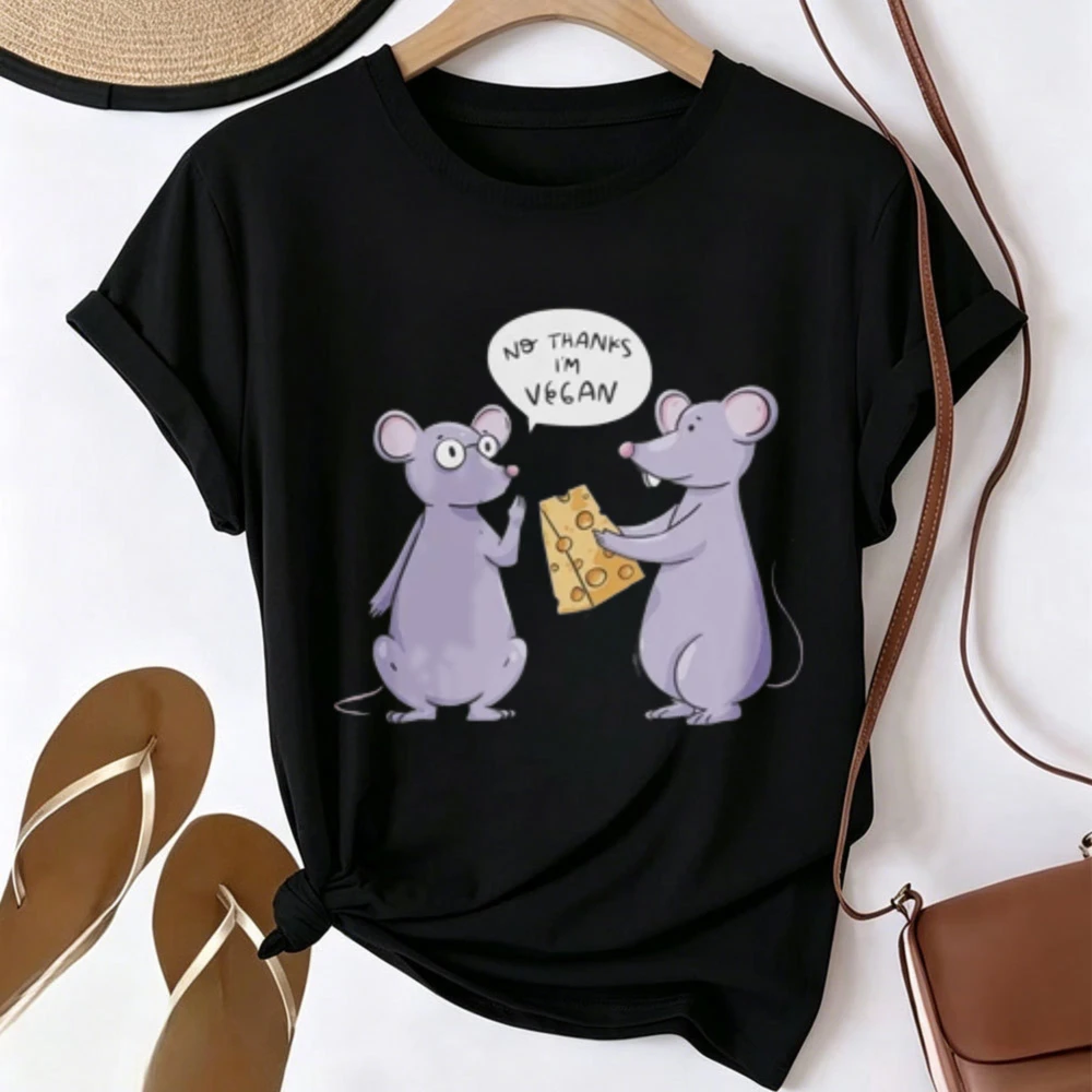 No Thanks I'm Vegan Funny Mouse Cheese Cartoon Graphic T-shirt Men Women Humor Animal Quote Print Short Sleeve Tee Crew Neck Top