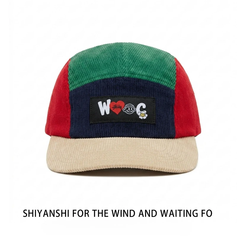 Unisex Color Block Corduroy Baseball Caps Retro Patchwork 5 Panel Hat Woven Label Streetwear Adjustable Dad Hats Outdoor Sun Cap