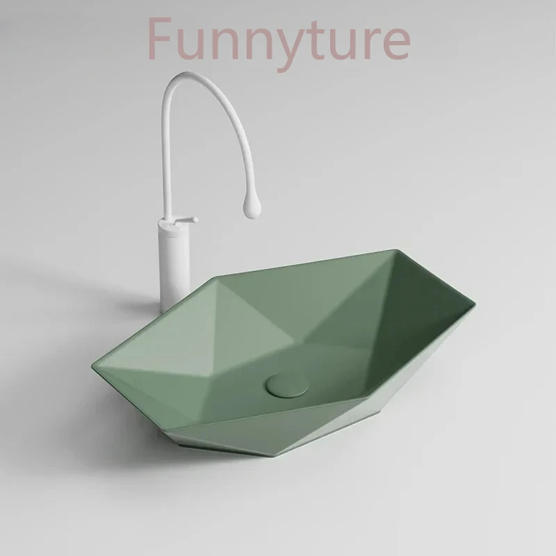 Ceramic integrated wash basin triangular special-shaped washbasin single sink retro style emerald color sink art