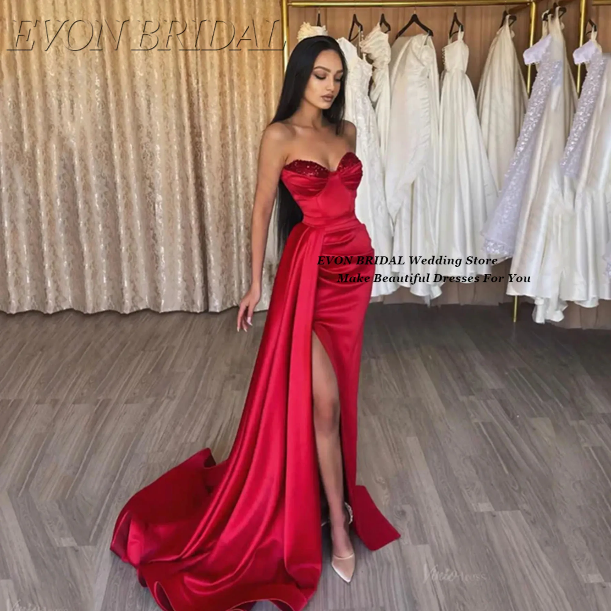 

Red High Split Long Evening Dress Strapless Formal Celebrity Prom Gowns Floor Length Robes De Soirée EVON BRIDAL Customized