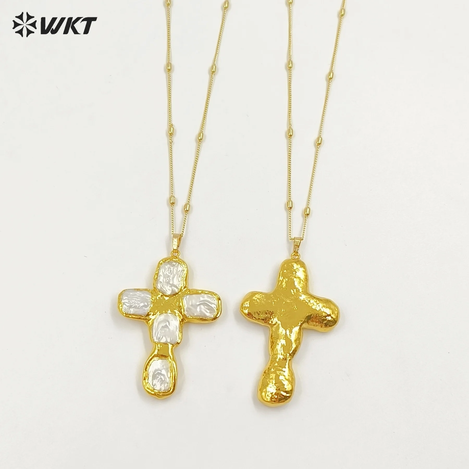 

WT-JN328 Wholesale Beautiful Back Full Gold Plated With Natural Freshwater Pearls Cross Shape Pendant Necklace Anniversary Gift