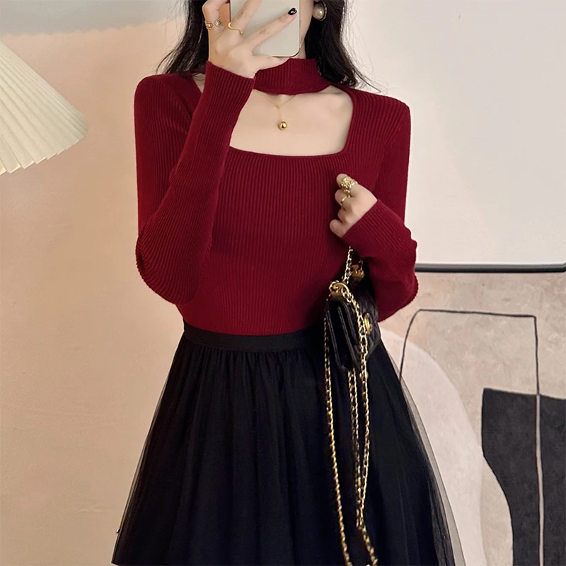 

Красный вязаный свитер с вырезами и воротником-стойкой для женщин, маленький размер, повседневный, облегающий, длинный рукав