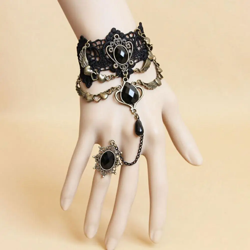 Faux Gem Black Lace Ring Bracelet Women Gothic Punk Style Necklace Bracelet Jewelry For Women Party Dress Up