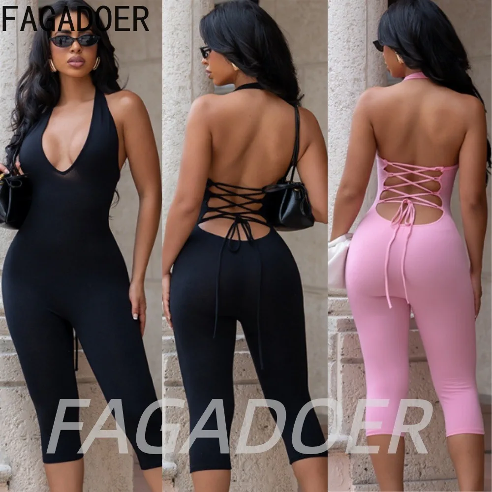 

FAGADOER Sexy Halter Bodycon Rompers Women Deep V Back Lace-up Bandage Skinny Jumpsuits Summer Streetwear Party Club Playsuits