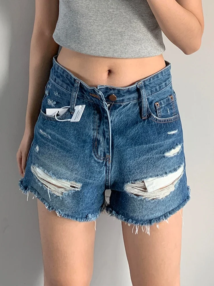 

Washed American High Street Millennium Sexy Girl Denim Shorts Women Summer Unique Design Fringe Hole Low Waist Fit Jeans