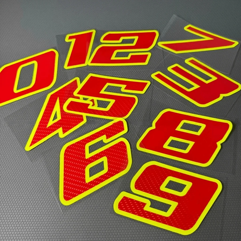 Carbon Fiber Racing Numbers 0-9 Vinyl Sticker Red Digits Neon Yellow Outline Waterproof Self Adhesive Motorcycle Helmet