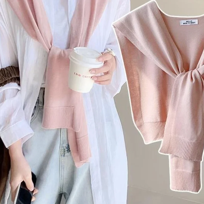 Korean Knitted Shawl Summer Air Conditioning Fake Collar Neck Guard Knit Thin Knotted Cape Shoulder Scarf For Women