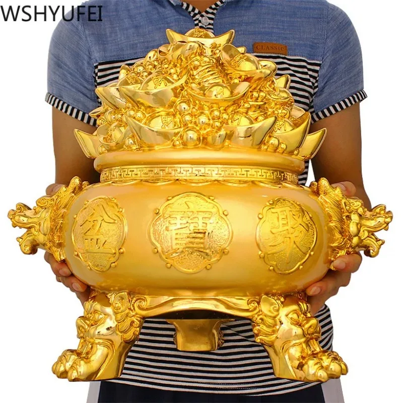 

Chinese Style Lucky Golden Treasure Bowl Resin Statue Living Room Entrance Home Decore Ornanents Birthday Present Decorations