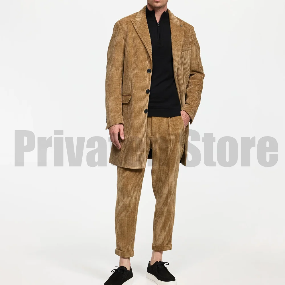 Men Suits for Men ، Men's Corduroy Two-piece Suit Winter Man Suit Mid-length Jacket Mens Suites Men's Formal Kit Trends Costumes