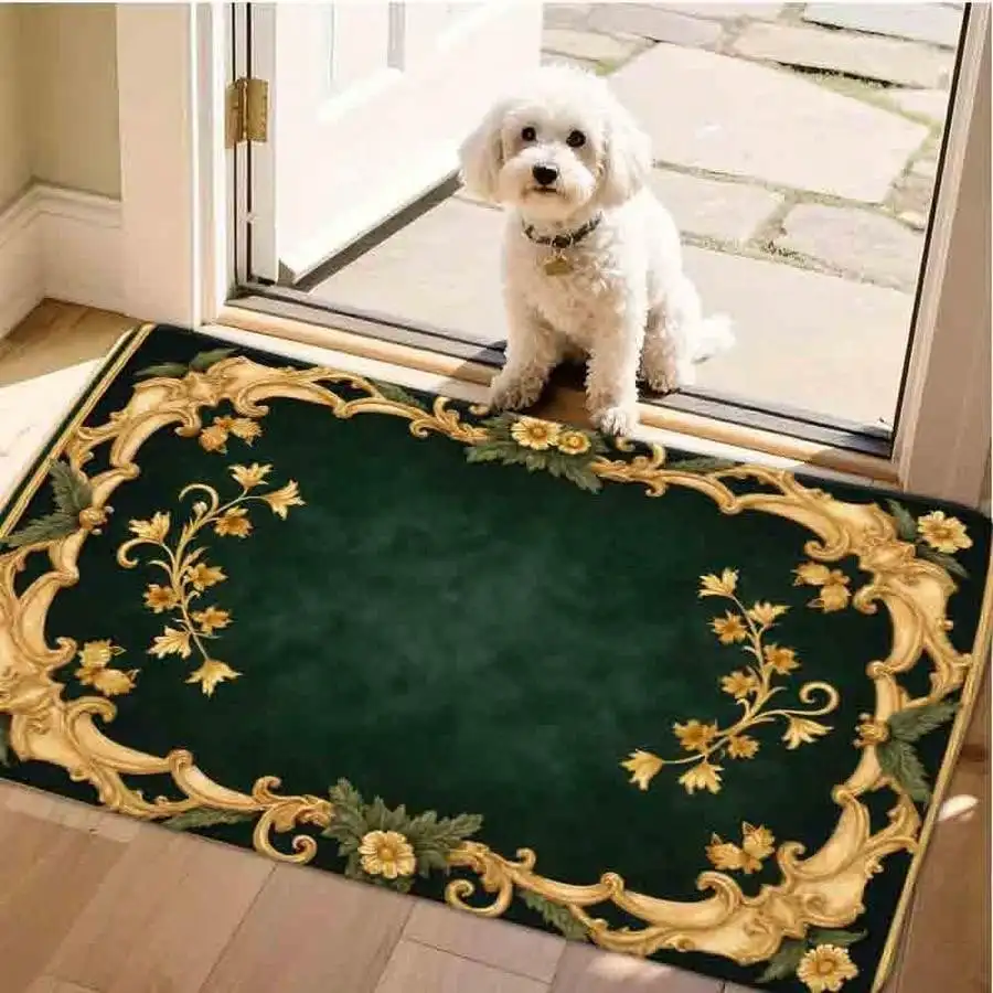 1pc Flannel Floor MatLuxury Vintage Gold Rococo Floral Area Rug Emerald Green Ornate Border Decorative Floor MatNon-Slip, Machine Washable, Soft Area Rug For
