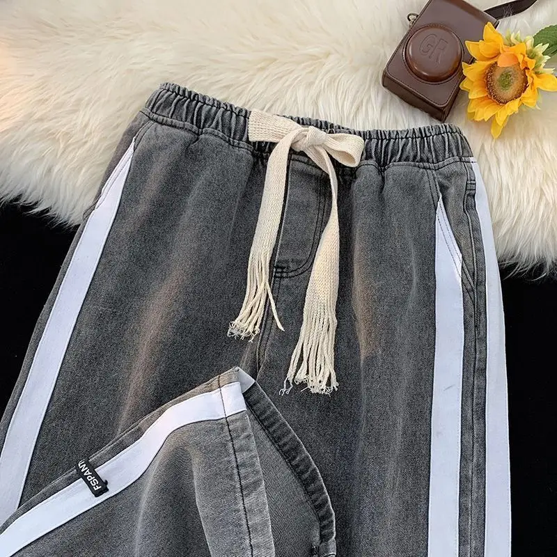 Striped Patchwork Jeans for Men in Autumn Trendy Brand Loose Straight Wide-leg American High Street Large Size Casual Long Pants
