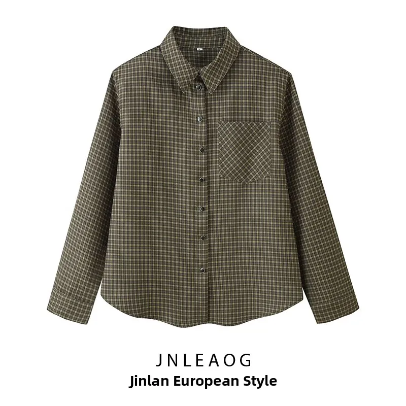 Modna kraciasta kurtka damska jesienna nowa z poduszkami na ramionach, długi rękaw, kołnierzyk wykładany, poliester, casualowa kurtka.