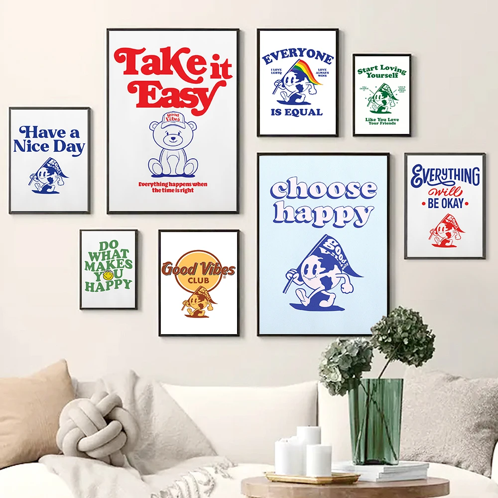 

Trendy Inspirational Saying Wall Art Poster Happy Positivity Cute Cartoon Gay Gift Canvas Retro Painting Nursery Room Home Decor