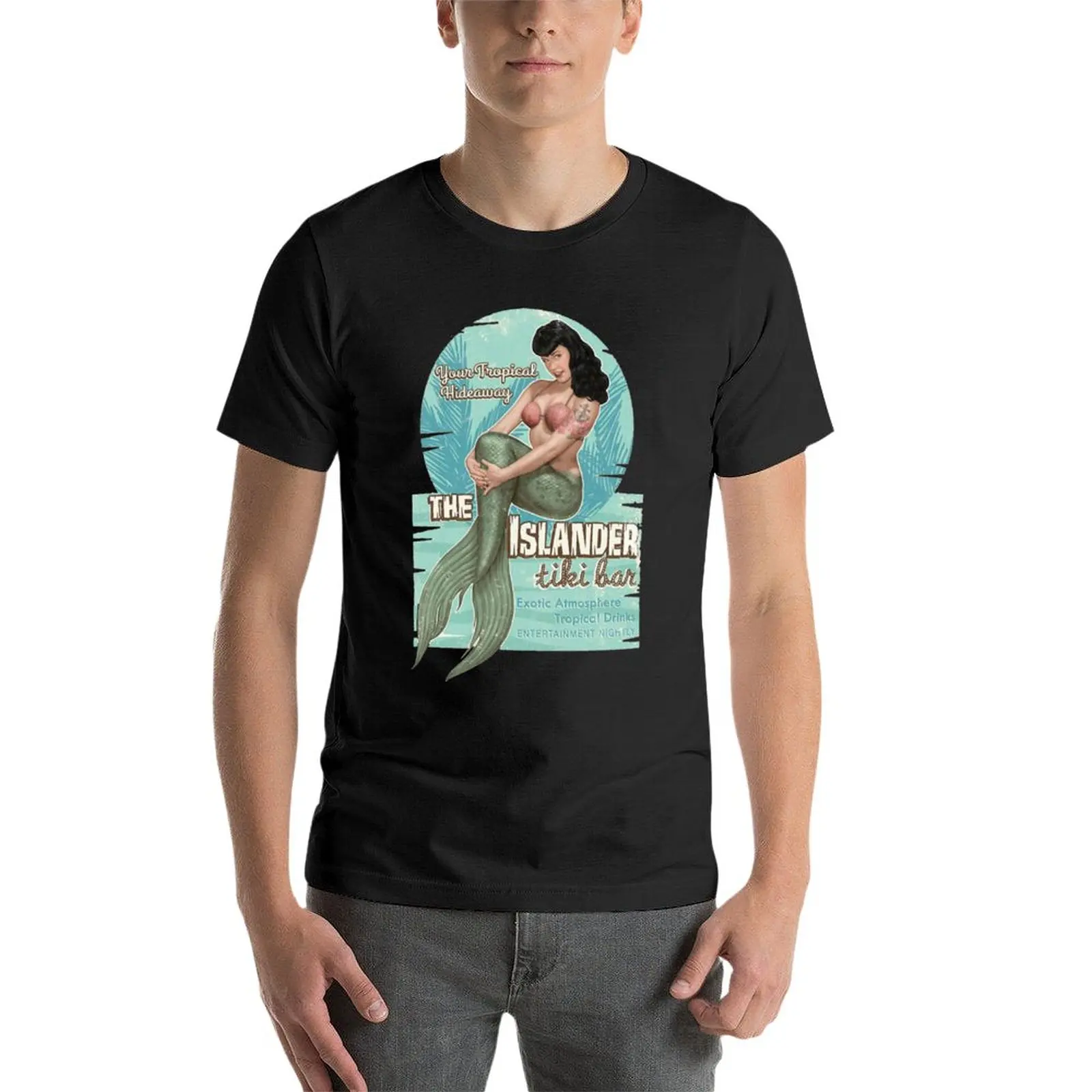 New The Islander Tiki Bar - Bettie Page Mermaid T-Shirt Tee shirt designer t shirt men