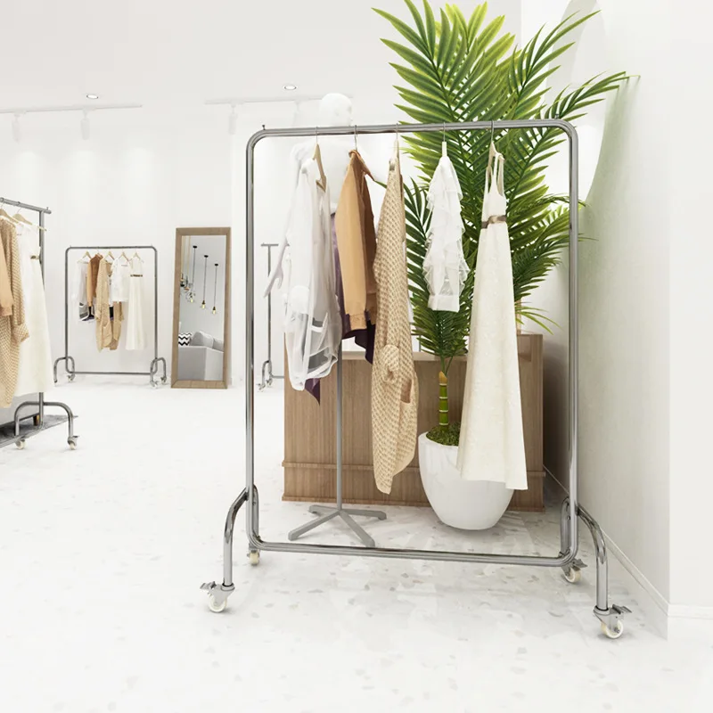 Stainless Steel Wheel Shelf Floor-to-ceiling Display Rack Women's Clothing Display Hanging Clothes