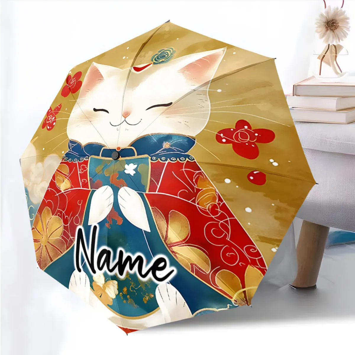 Custom Name Umbrella Lucky Cat Decorative Umbrella Design Print 8 Iron Ribs Folding Umbrella Auto-Open Fashion Sunshade