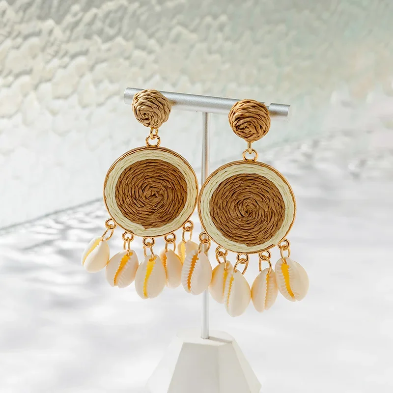 Korean Style Fashion Handmade Natural Wooden Straw Woven Vine Rattan Earrings for Women Boho Geometric Shell Drop Earring