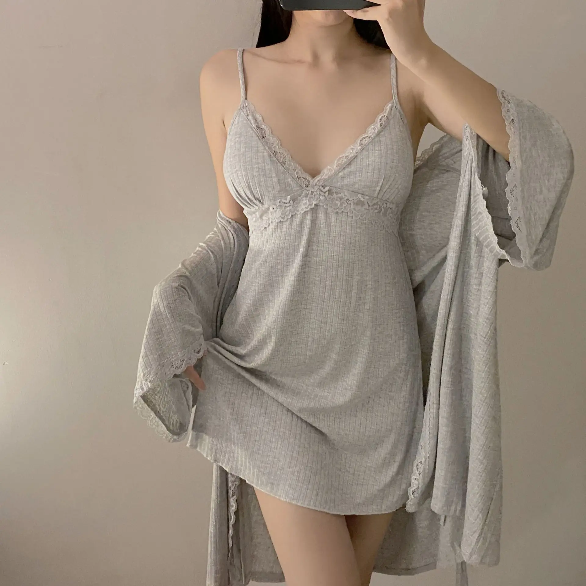 Pajamas Women's Suspender Nightgown Two-piece Set Simple Loungewear Long-sleeved V-neck Sexy Nightdress