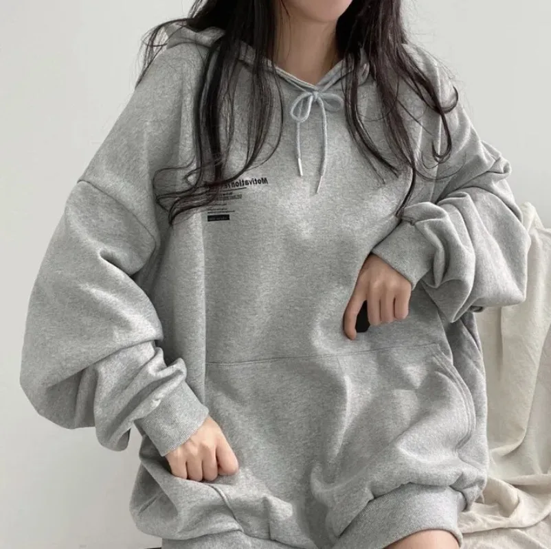 Sudadera con capucha de gran tamaño para mujer, sudaderas con capucha de manga larga, jerséis sueltos con estampado de letras coreanas, Tops