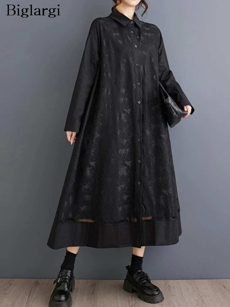 

Print Modis Mesh Patchwork Ladies Dresses Ruffle Pleated Loose Casual Woman Oversized Shirt Dress Autumn A-Line Long Dress Women