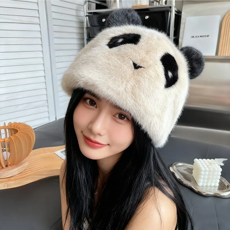 Cute Panda Ear Flap Hat Women Winter Faux Mink Fleece Warm Windproof New Plush Ear Warmer Cap