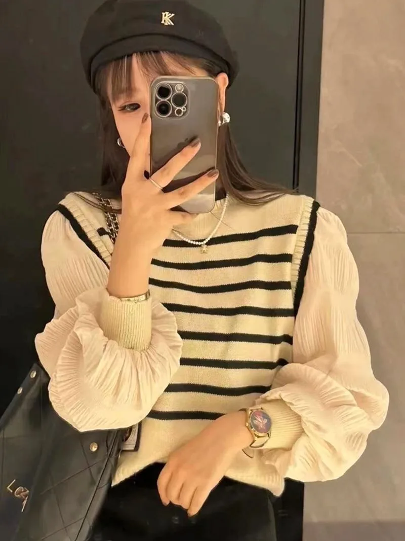 Black and white striped fake two-piece knitted sweater women spring and autumn Korean soft glutinous pullover sweater female