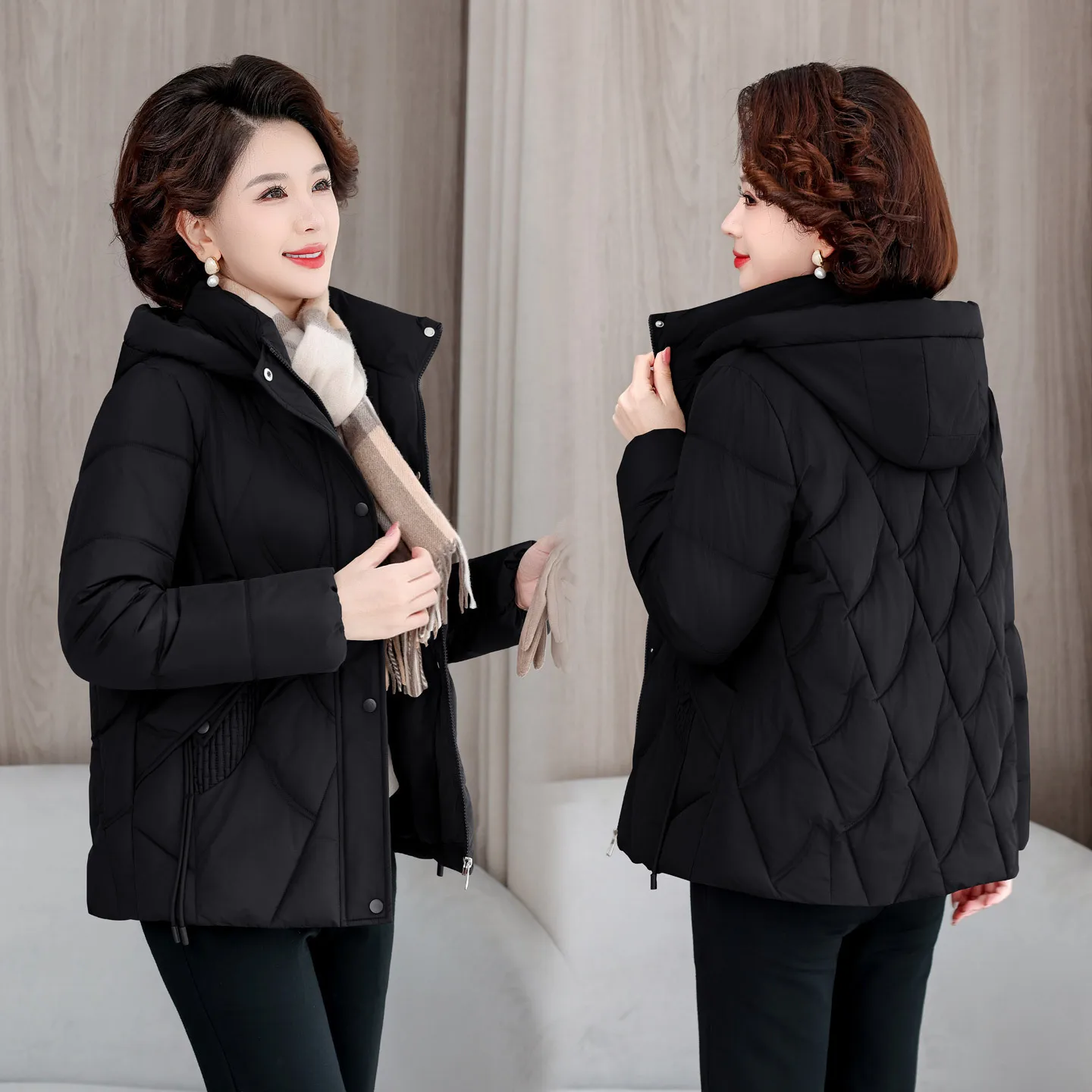 Short Parkas Coat Women Solid Jacket Detachable Hooded Zipper Pocket Long Sleeve Loose Fit Casual Office Lady 2025 Autumn Winter