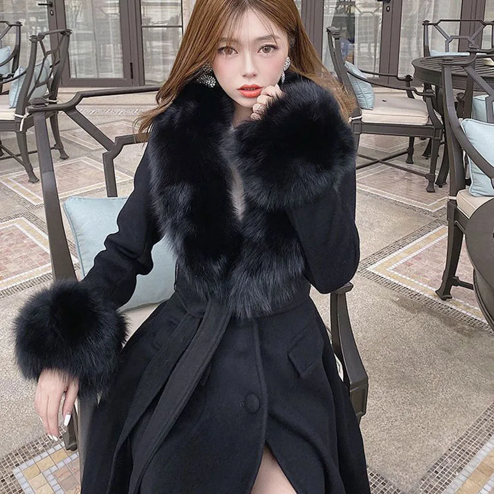 Women Fashion Long Luxury Overcoat Female Winter Coats Fur Collar Warm Elegant Thicken Solid Colo Woolen Jackets Abrigos Mujer
