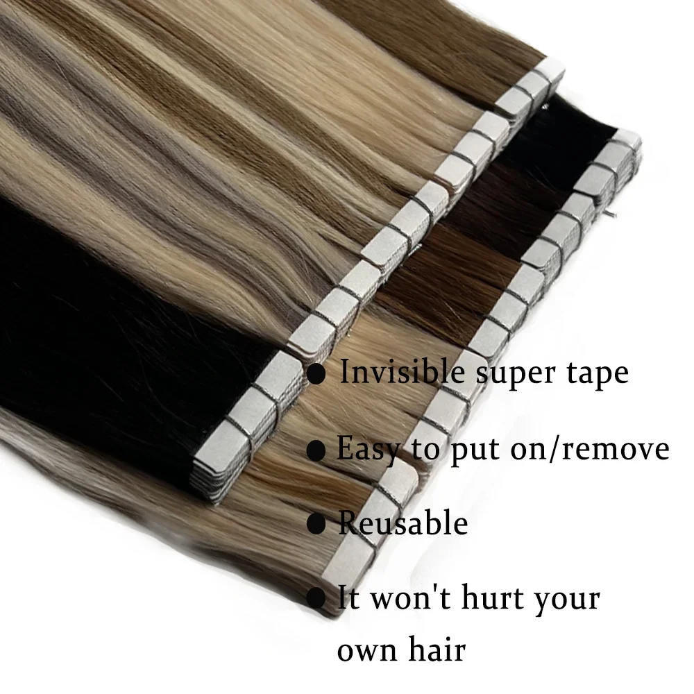 DIYOMO Tape In Hair Extensions Human Hair Natural Color Silk Straight Seamless Invisible Tape In Extensions various hair colors