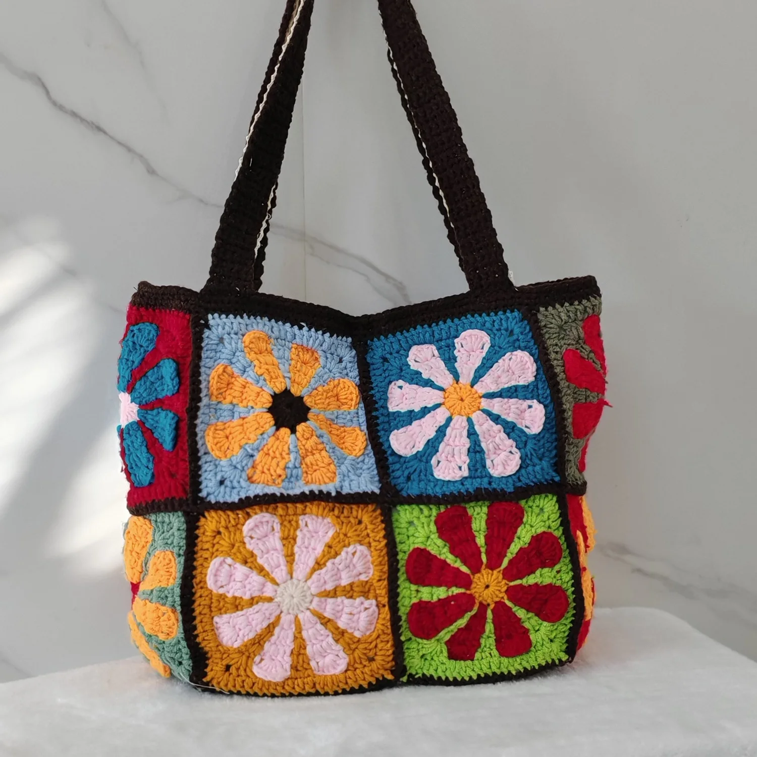 Colorful Handmade Crochet Shoulder Bag for Women – Cotton Granny Square Tote with Lining & Magnetic Closure, Vintage Boho Style