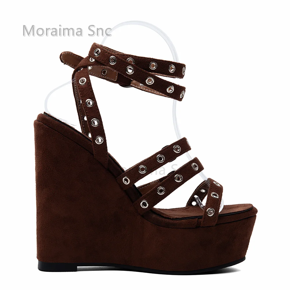Brown Faux Suede Platform Wedge Sandals Women Metal Eyelet Ring Buckle Ankle Strap Gothic Punk Super High Heel Summer Shoes