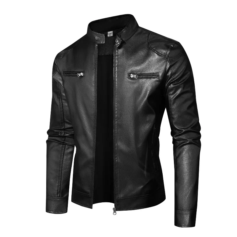 KIDWHXR Men Leather Coat Autumn Business Casual Stand Collar Male Windproof Outerwear Retro Long Sleeve Zipper Man Jacket