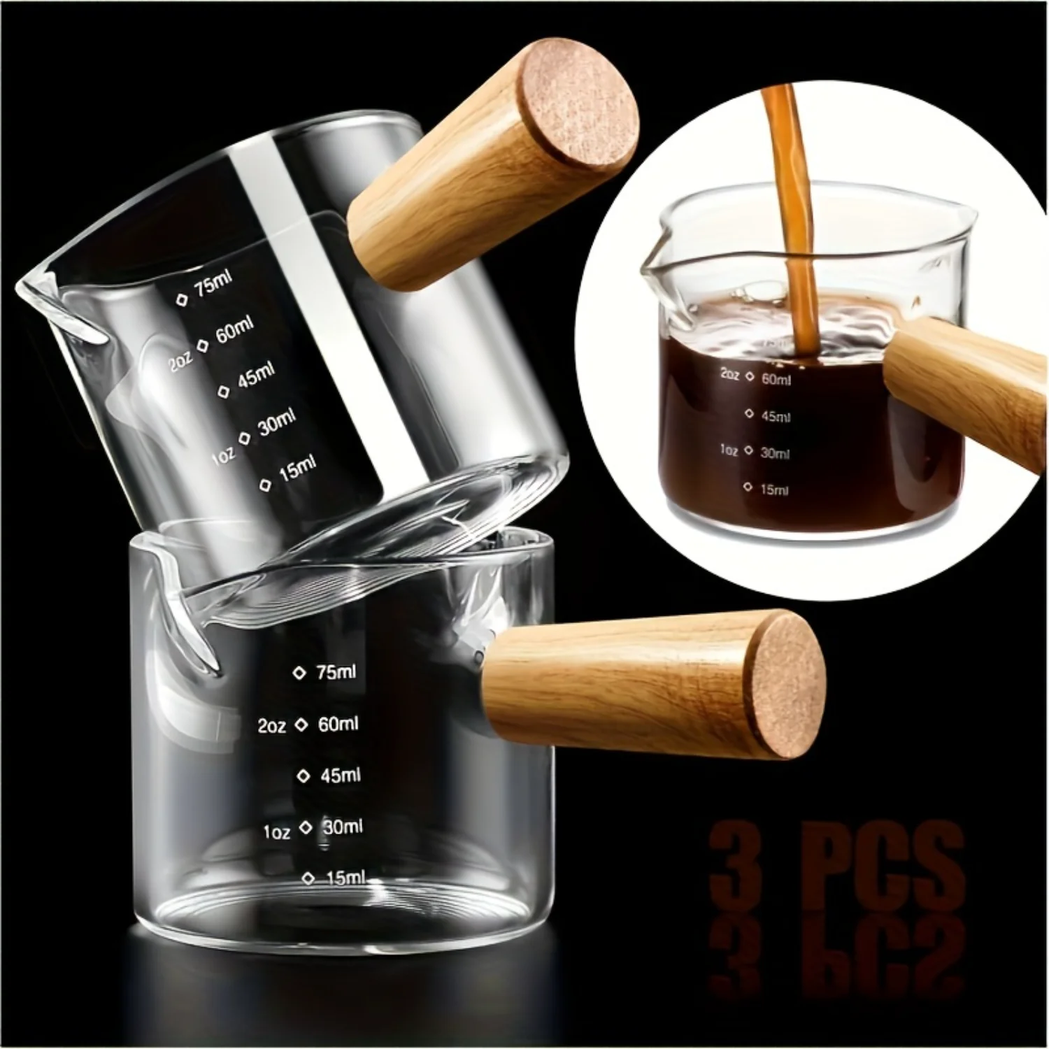 2pcs 100ML/3.5OZ Wooden Handle Milk Can, Coffee Small Cup, Espresso Cup, Coffee Tool Extraction Scale Measuring Cup, Milk Cup Wi