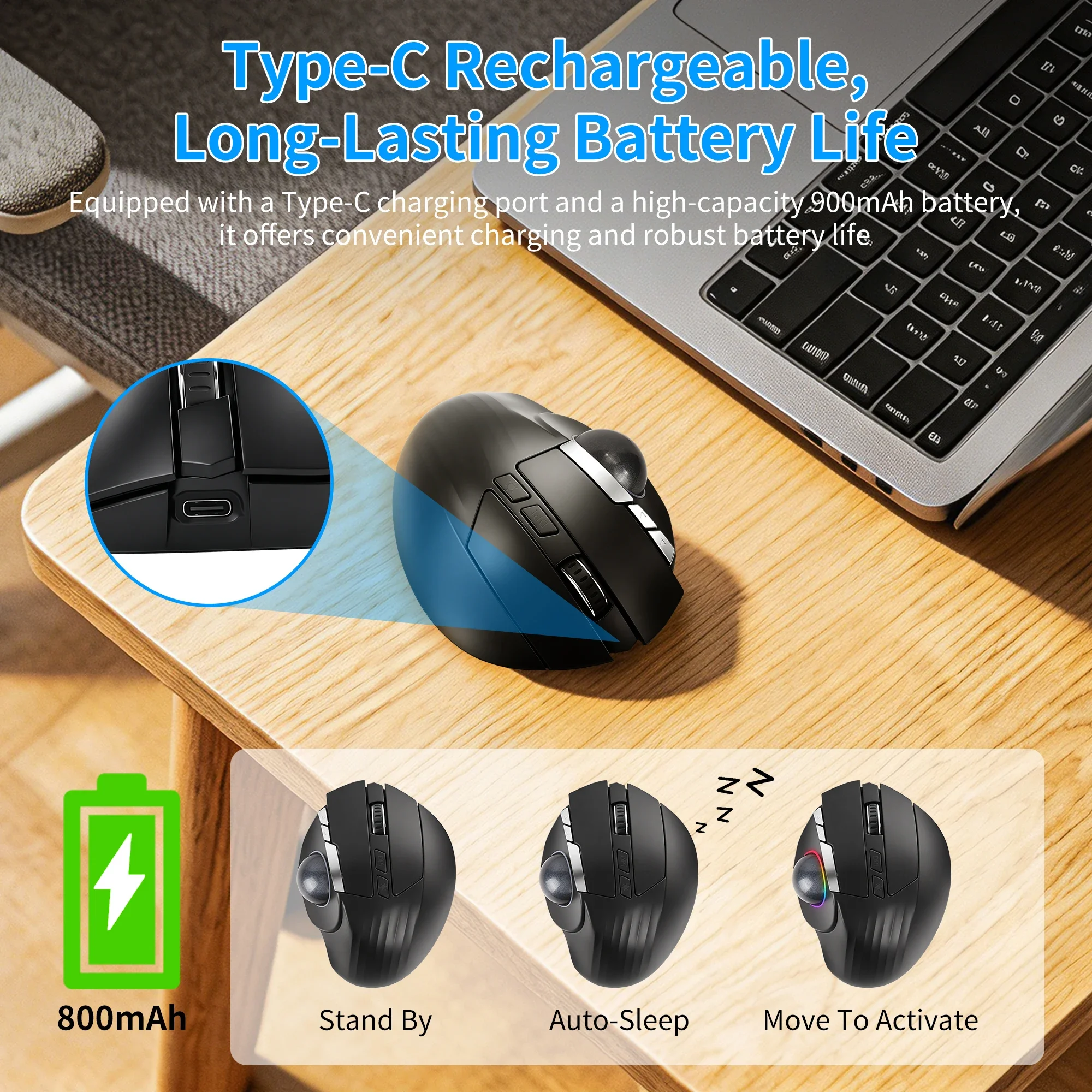 Ergonomic Tri-mode Trackball Mouse 2.4G+Bluetooth+Wired Silent Rechargeable Fixed Body & Thumb Control Office Mice for PC Laptop