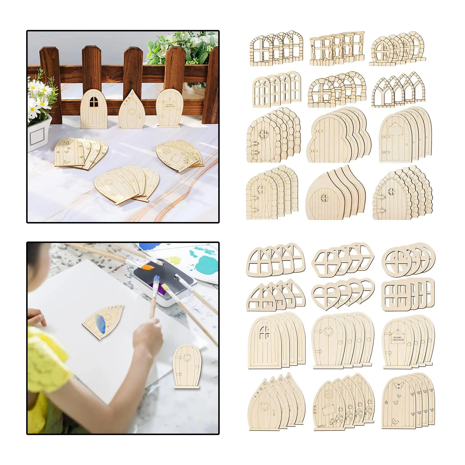 

48 Pieces Wooden Fairy Garden Doors Window DIY Unfinished for Party Ornament